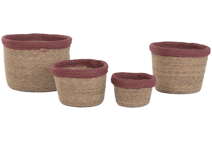 DKD Home Decor Set de 4 Cestas de Fibra y Algodón Granate y Natural