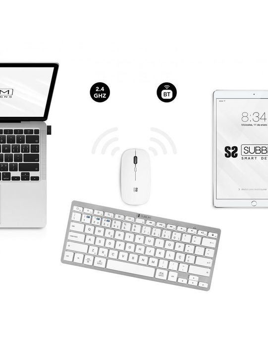 Subblim Combo PT Teclado y Ratón Inalámbrico Plata, Conexión Triple (Bluetooth 2.4G), Compacto, Silencioso, Recargable, 1600 DPI, Para PC/Mac/Android/iOS/Smart TV