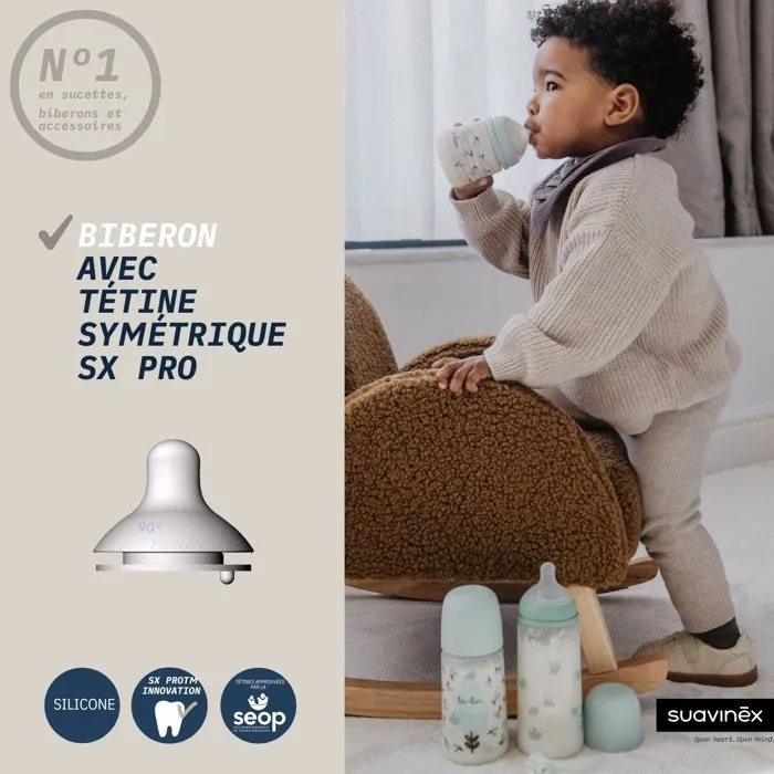 Suavinex Biberón Birdies con Tetina SX Pro L, 360 ml, para Bebés a partir de 6 meses, Color Beige - AACDR21214