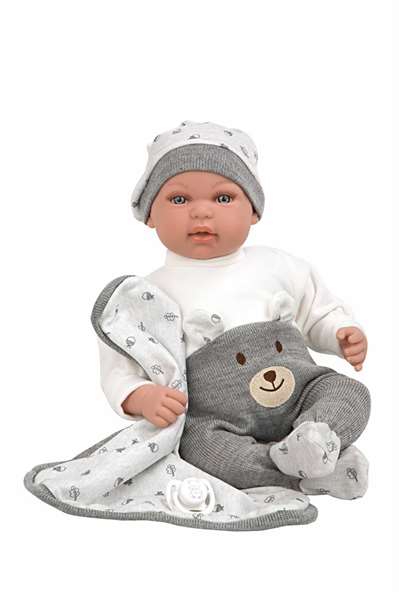 Muñecas Arias Muñeca Elegance 45 cm Mies Gris con Manta y Mecanismo de Risa Try Me, con Sonidos y Pilas Incluidas