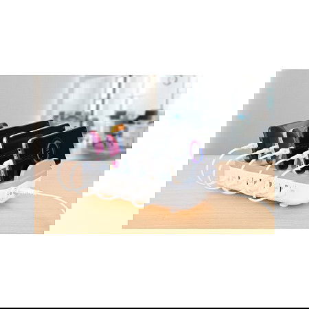 MANHATTAN Estación de Carga USB 10 Puertos 120W, 3 USB-C 18W PD + 7 USB-A 12W, Blanco/Gris, Montaje Sobremesa, Cable 1.5m, Certificaciones CE RoHS FCC