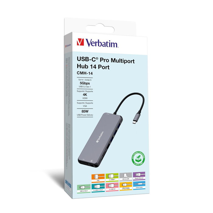 Verbatim Hub Pro USB-C Plata con 2xHDMI, VGA, RJ45 y múltiples puertos USB