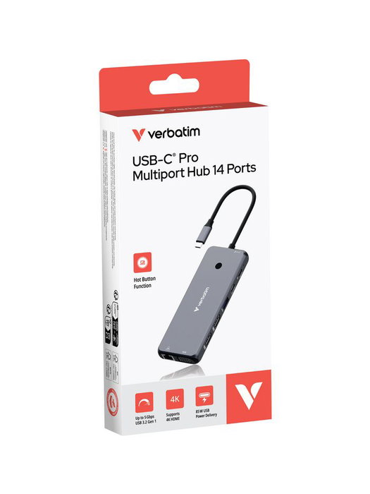 Verbatim Hub Pro USB-C Plata con 2xHDMI, VGA, RJ45 y múltiples puertos USB