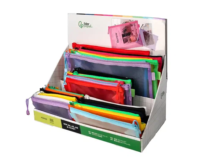 Liderpapel Bolsa Zipper Bag Multiusos Expositor 40 Unidades Poliéster Transpirable Tamaños y Colores