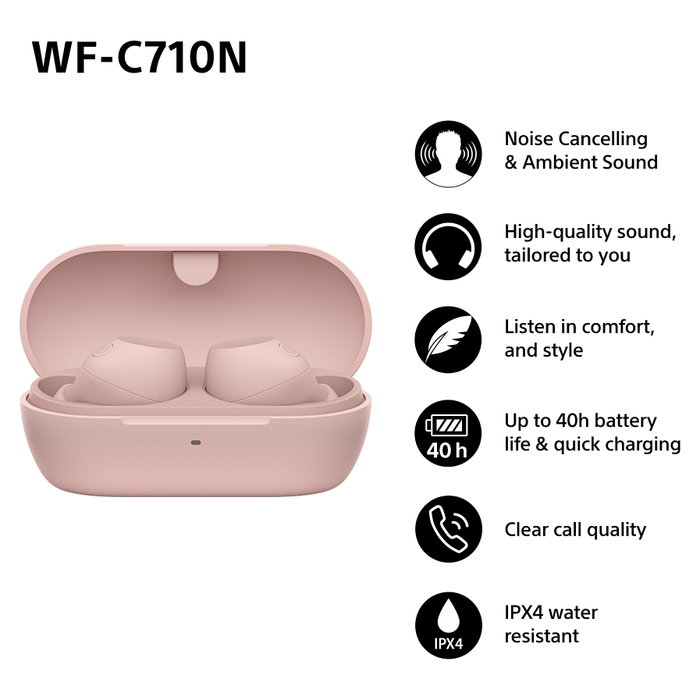 Sony Auriculares True Wireless WF-C710N con Cancelación de Ruido - Bluetooth, Resistencia al Agua IPX4, Color Rosa Sony Auriculares True Wireless WF-C710N con Cancelación de Ruido - Bluetooth, Resistencia al Agua IPX4, Color Rosa