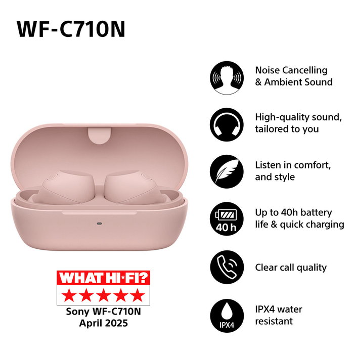 Sony Auriculares True Wireless WF-C710N con Cancelación de Ruido - Bluetooth, Resistencia al Agua IPX4, Color Rosa Sony Auriculares True Wireless WF-C710N con Cancelación de Ruido - Bluetooth, Resistencia al Agua IPX4, Color Rosa