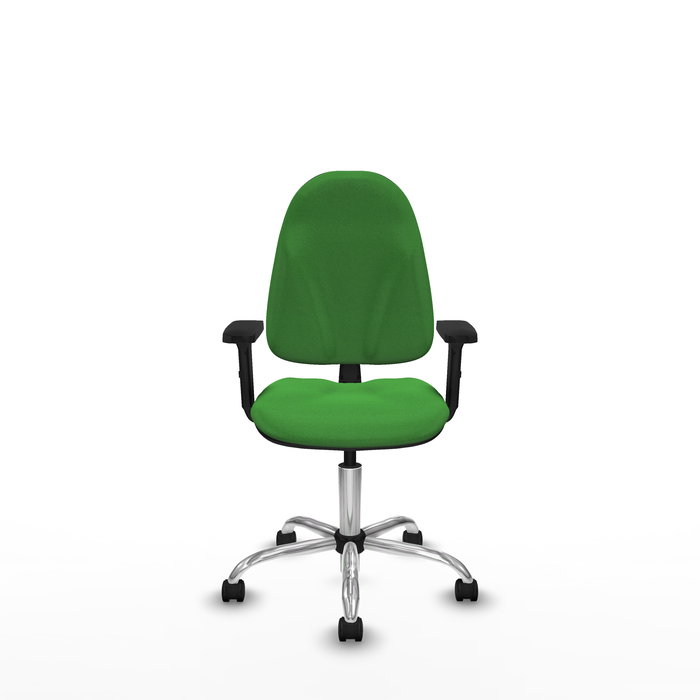 Silla de oficina Algarra con mecanismo Contacto permanente básico tapizada con Tela color Verde. Equipada con Base cromada, Brazos 2D y Ruedas de nailon 50 mm