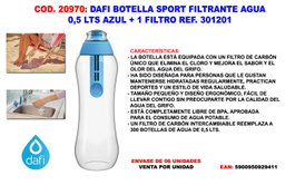 DAFI Botella Filtrante de Agua 0.5 L Azul con 1 Filtro
