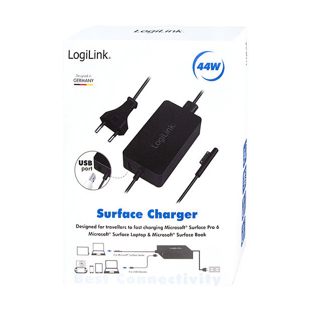 LogiLink Fuente de alimentación para Surface Book, 44W, con puerto USB, negro