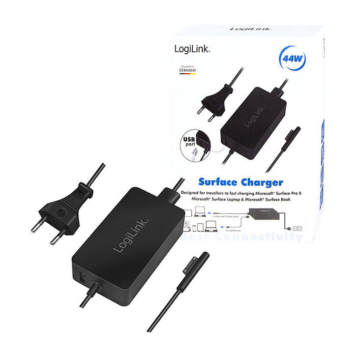 LogiLink Fuente de alimentación para Surface Book, 44W, con puerto USB, negro