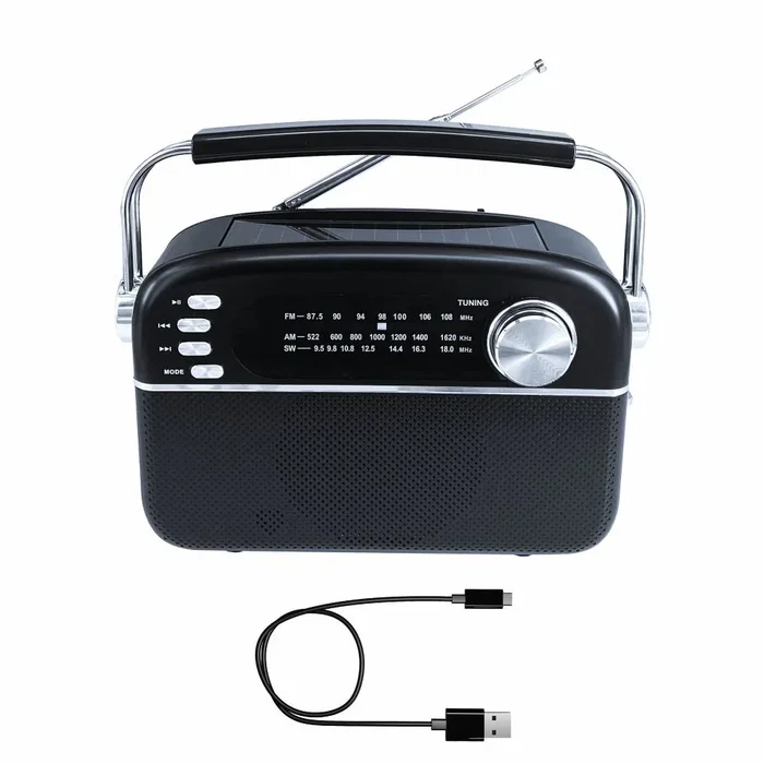 Manta RDI918B Radio Personal Analógica con Bluetooth 5.0, Sintoniza AM/FM/SO, Reproducción MP3, USB, Entrada Auxiliar, MicroSD, Batería, Color Negro y Plata