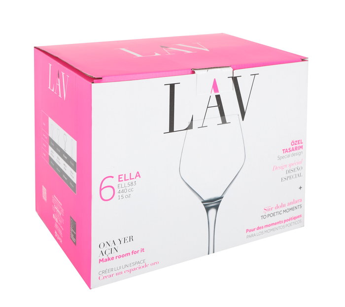 LAV - Set de 6 Copas para Vino y Agua 450 cc, Colección Ella, Dimensiones 20.2 x on 29.7 x 23.2 cm (4 Cajas)