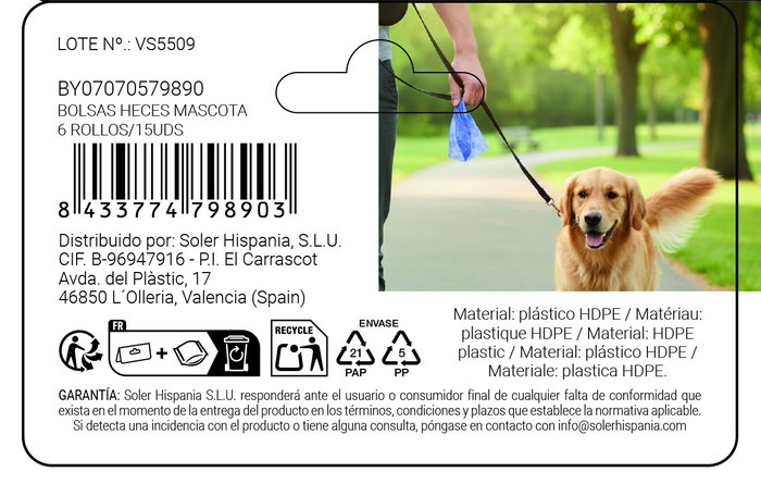 Inde Bolsas para Heces de Mascotas - 6 Rollos de 15 Unidades, Medidas 15.3 x 6.9 cm (24 Unidades)
