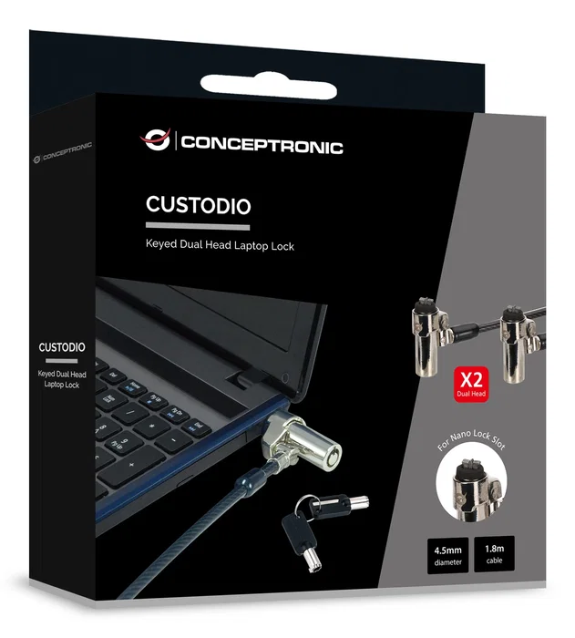 Conceptronic CUSTODIO02BNTM Cable de Seguridad de Doble Cabezal con Llave Conceptronic CUSTODIO02BNTM Cable de Seguridad de Doble Cabezal con Llave