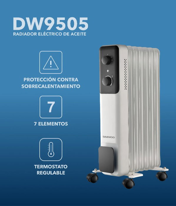 DAEWOO Radiador de aceite de 7 elementos 1500W - 3 niveles - blanco/negro