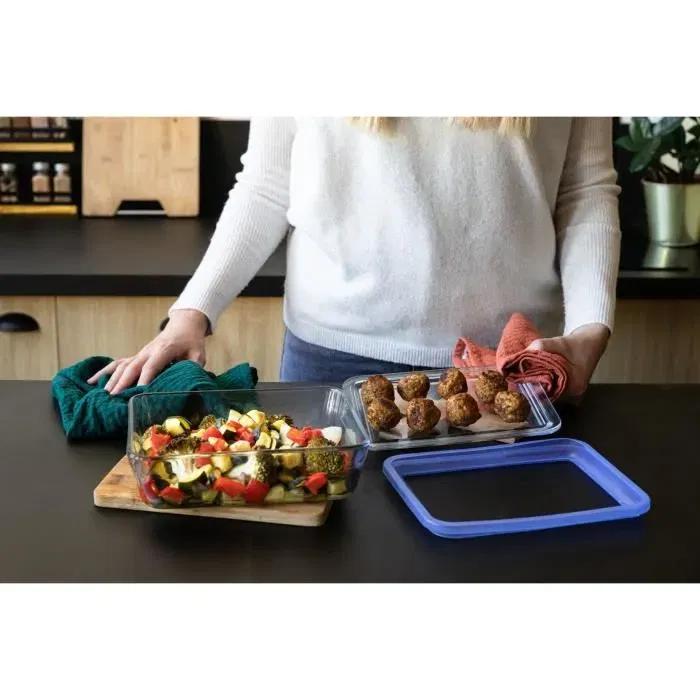 Pyrex 3426470296250 Juego de 3 Recipientes con Tapa de Vidrio Rectangular 1,5 L