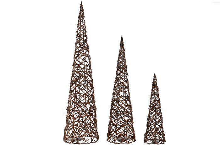 DKD Home Decor Set de 3 Conos de Ratán con LED Natural