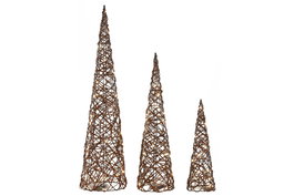 DKD Home Decor Set de 3 Conos de Ratán con LED Natural