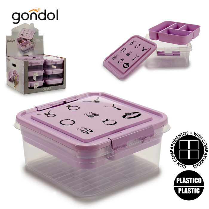 Gondol Caja de Joyas Plástico Transparente y Morado con Cierre 24.5 x 11.5 x 26 cm (Set de 12)