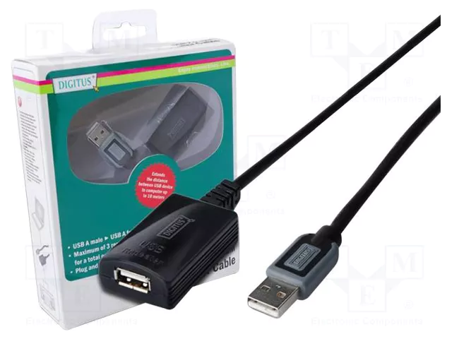 Digitus Cable de extensión USB 2.0 activo, 10 m, Negro