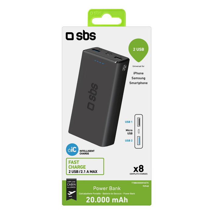 SBS Powerbank 20000 mAh TTBB20000FASTK Batería Externa Recargable, Carga Rápida 2.1A, 2 Puertos USB, Negro