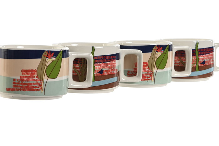 DKD Home Decor Teide 2023 Café Tropical Azul Verde 11x27x11 cm Set de 4 Piezas Dolomite y Metal 260ml Apto Microondas y Lavavajillas