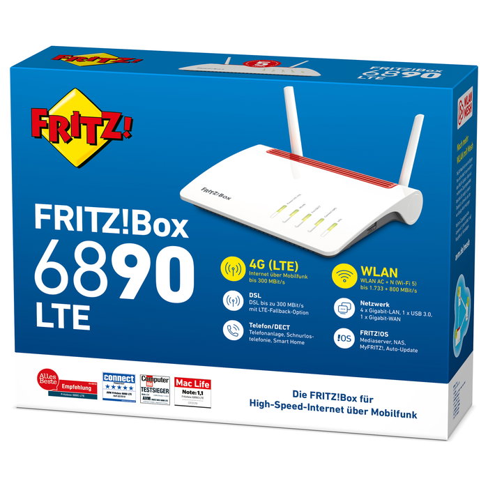 AVM FRITZ!Box 6890 LTE Router Dual-Band 4G Wi-Fi 5 (2,4 GHz/5 GHz) Gigabit Ethernet Puertos USB 3.0