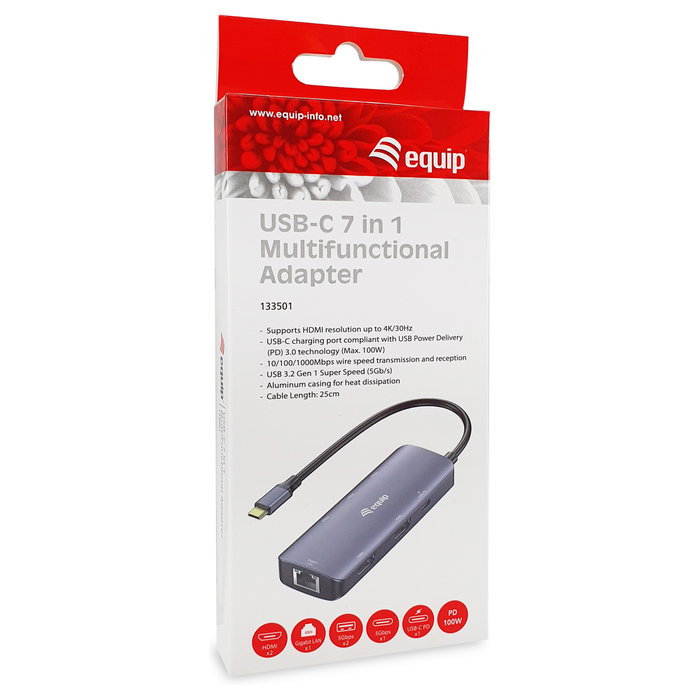 EQUIP Adaptador USB-C a 2xHDMI, RJ45, 2xUSB-A y USB-C 3.2 Gris Oscuro