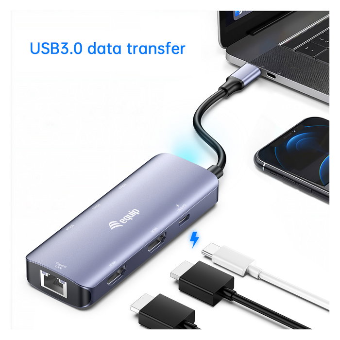 EQUIP Adaptador USB-C a 2xHDMI, RJ45, 2xUSB-A y USB-C 3.2 Gris Oscuro