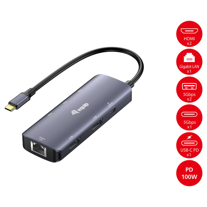 EQUIP Adaptador USB-C a 2xHDMI, RJ45, 2xUSB-A y USB-C 3.2 Gris Oscuro
