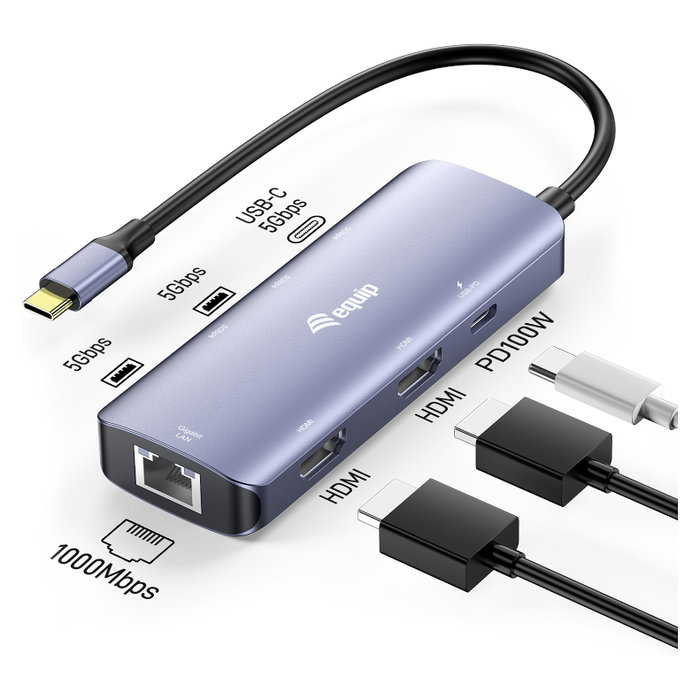 EQUIP Adaptador USB-C a 2xHDMI, RJ45, 2xUSB-A y USB-C 3.2 Gris Oscuro