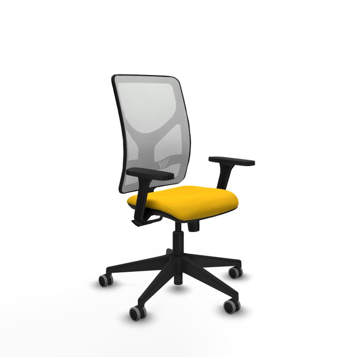 Silla de oficina Motilla con mecanismo Sincro tapizada con Tela color Amarillo y malla color Blanco. Equipada con lumbar 1D, Brazos 3D y Ruedas 65 mm parqué Silla de oficina Motilla con mecanismo Sincro tapizada con Tela color Amarillo y malla color Blanco. Equipada con lumbar 1D, Brazos 3D y Ruedas 65 mm parqué