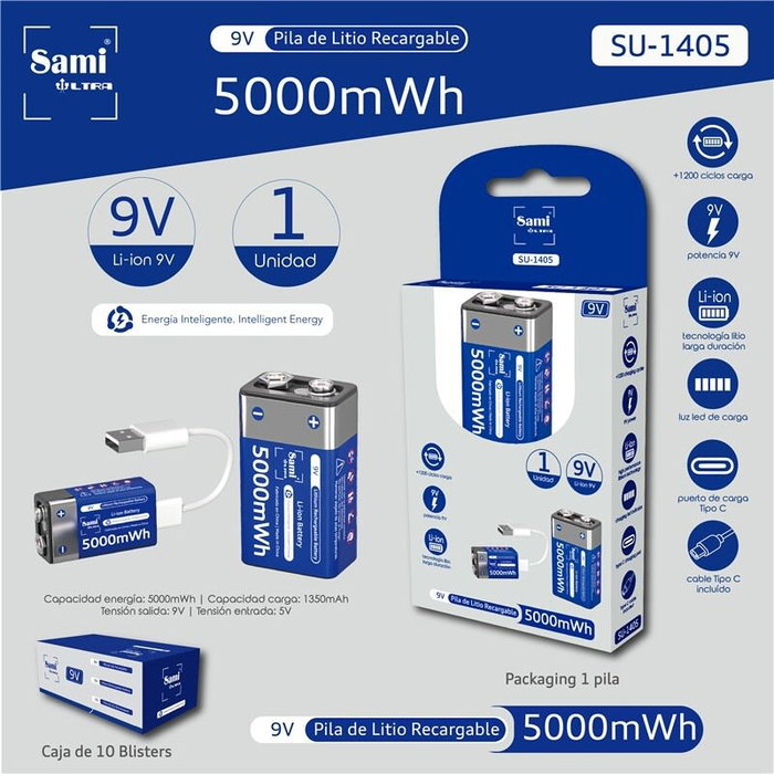 SAMI Pila Ultra recargable 9V Li-ion 5000mWh/1350mAh