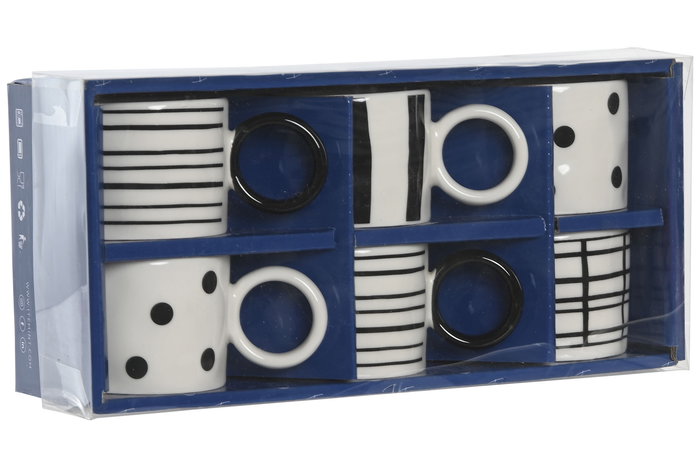 DKD Home Decor Tazas de Café Set de 6 Blanco Negro Porcelana New Bone 12 x 7 x 25 cm 90ml