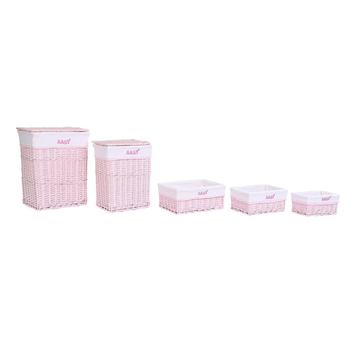 DKD Home Decor Set de 5 Cestas de Ropa de Mimbre y Poliéster Rosa