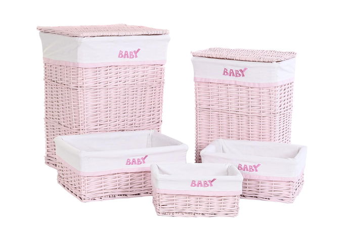 DKD Home Decor Cesta Ropa Baby Rosa Mimbre Poliester 34 x 56 x 44 cm Set de 5