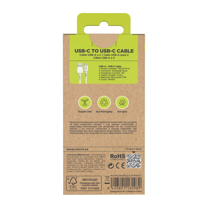 muvit for change cable USB a Tipo C 3A/27W 0.2m blanco