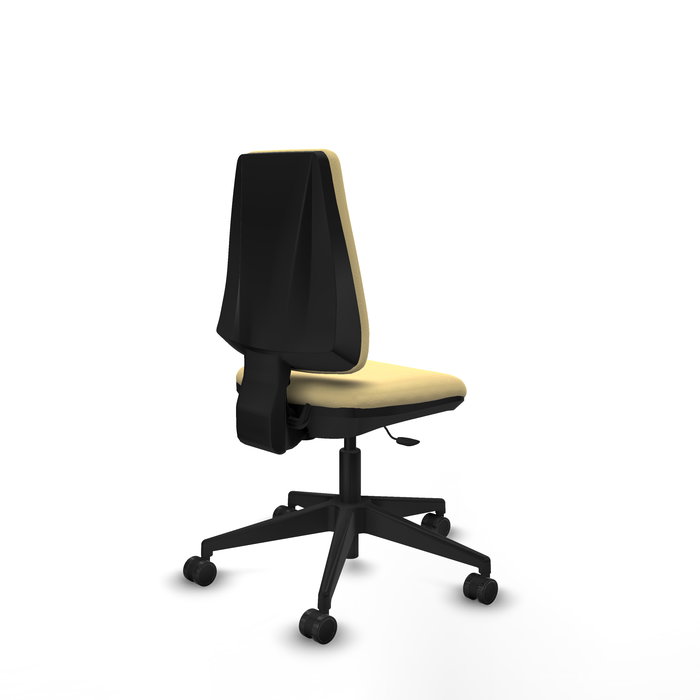 Silla de oficina Elche con mecanismo Contacto permanente básico tapizada con Similpiel color Crema. Equipada con Base piramidal negra, Sin brazos y Ruedas 65mm nailon