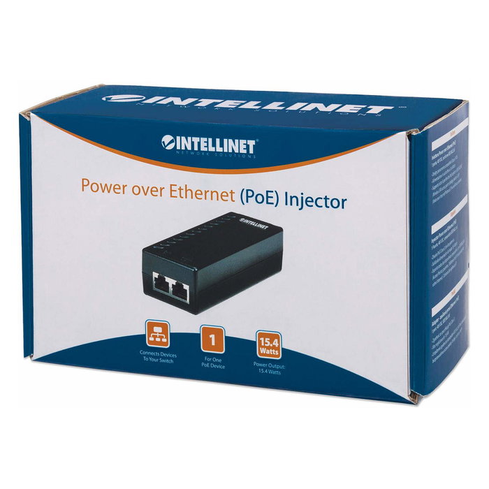 Intellinet Inyector PoE 1 Puerto 48V DC, IEEE 802.3af, para Datos y Alimentación Ethernet, Incluye Adaptador AC, Color Negro