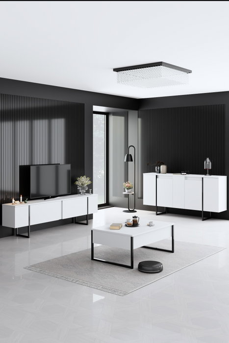 Hanah Home Conjunto Muebles Salón Blanco y Negro, Consola 160cm, Soporte TV 180cm, Mesa Centro 90cm, Melamina 18mm, Patas Metal