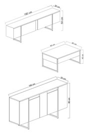 Hanah Home Conjunto Muebles Salón Blanco y Negro, Consola 160cm, Soporte TV 180cm, Mesa Centro 90cm, Melamina 18mm, Patas Metal