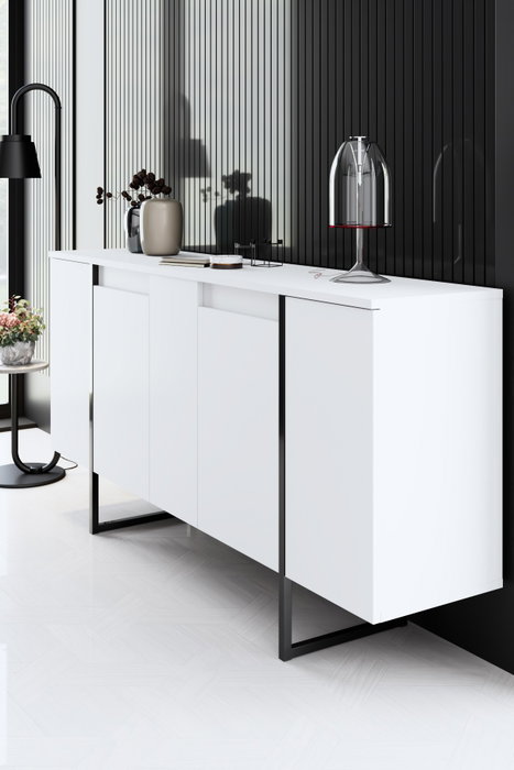 Hanah Home Conjunto Muebles Salón Blanco y Negro, Consola 160cm, Soporte TV 180cm, Mesa Centro 90cm, Melamina 18mm, Patas Metal