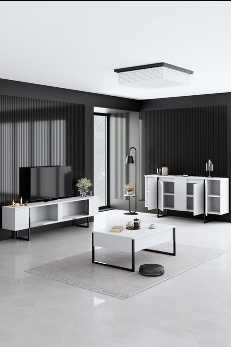 Hanah Home Conjunto Muebles Salón Blanco y Negro, Consola 160cm, Soporte TV 180cm, Mesa Centro 90cm, Melamina 18mm, Patas Metal