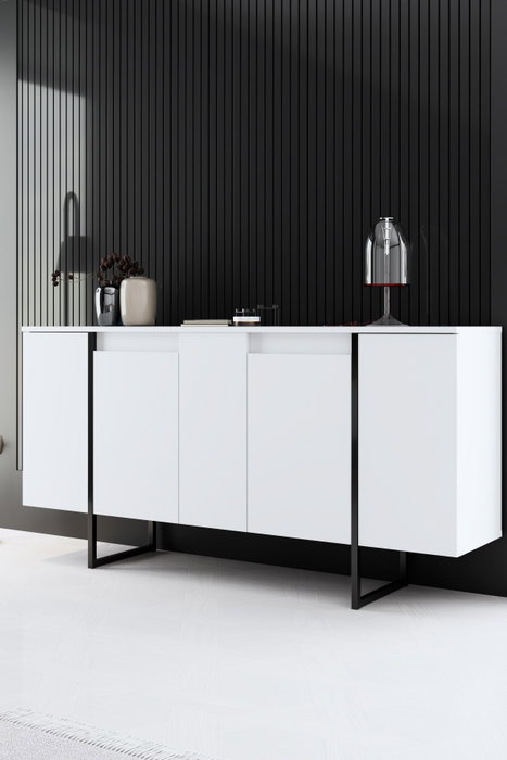 Hanah Home Conjunto Muebles Salón Blanco y Negro, Consola 160cm, Soporte TV 180cm, Mesa Centro 90cm, Melamina 18mm, Patas Metal