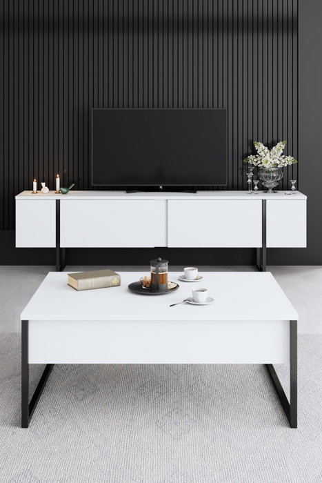 Hanah Home Conjunto Muebles Salón Blanco y Negro, Consola 160cm, Soporte TV 180cm, Mesa Centro 90cm, Melamina 18mm, Patas Metal