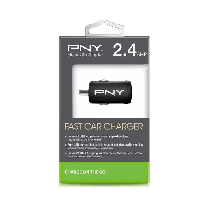 PNY P-P-DC-UF-K01-RB Cargador de Coche para Auto, 1 Puerto USB 2.4A Carga Rápida, 5V, Negro, para iPhone iPad, Universal