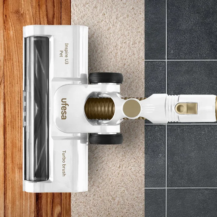 Ufesa U3 Digital Pet Aspiradora escoba 2 en 1 para mascotas, sin bolsa, motor brushless 200W, batería 40 min, capacidad 0.8L, color oro/blanco (81405985)