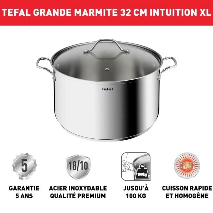 Tefal B8647404 Marmit 32 cm de acero inoxidable, todos los incendios que incluyen inducción, 14L, asas robustas, cubierta de vidrio, intuición XL
