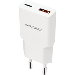 Nanocable Cargador de Pared 20W Blanco con 1 Puerto USB-C y 1 Puerto USB