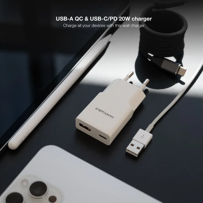 Nanocable 10.10.2022 Cargador de Pared 20W con 1 Puertos USB-C (PD) y 1 USB-A, Carga Rápida para Smartphone, Blanco
